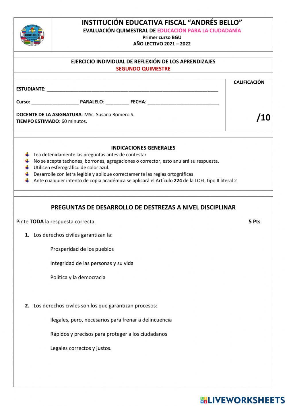 Examen Ciudadanía II Quimestre
