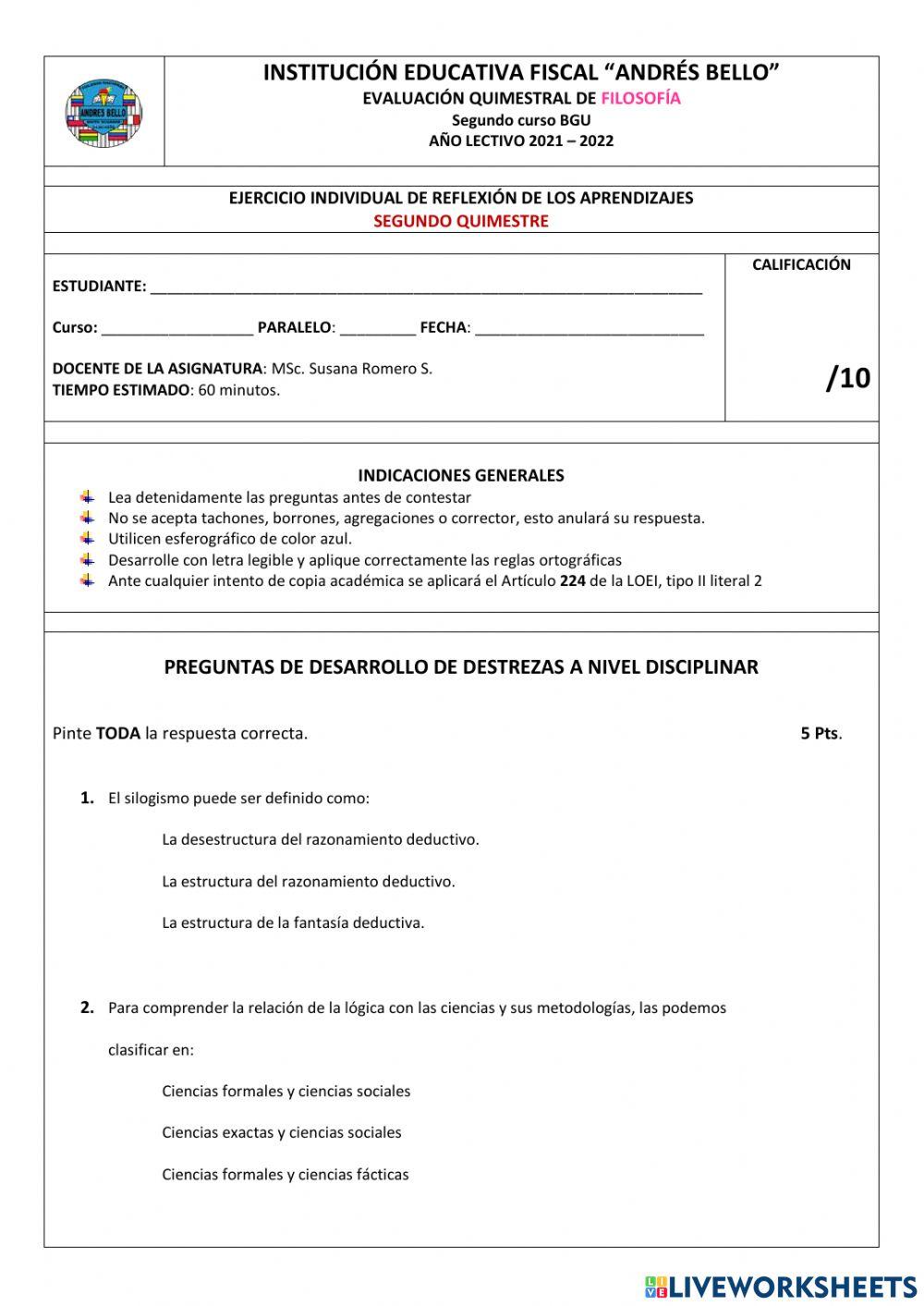 Examen 2do curso FILOSOFÍA II Quimestre