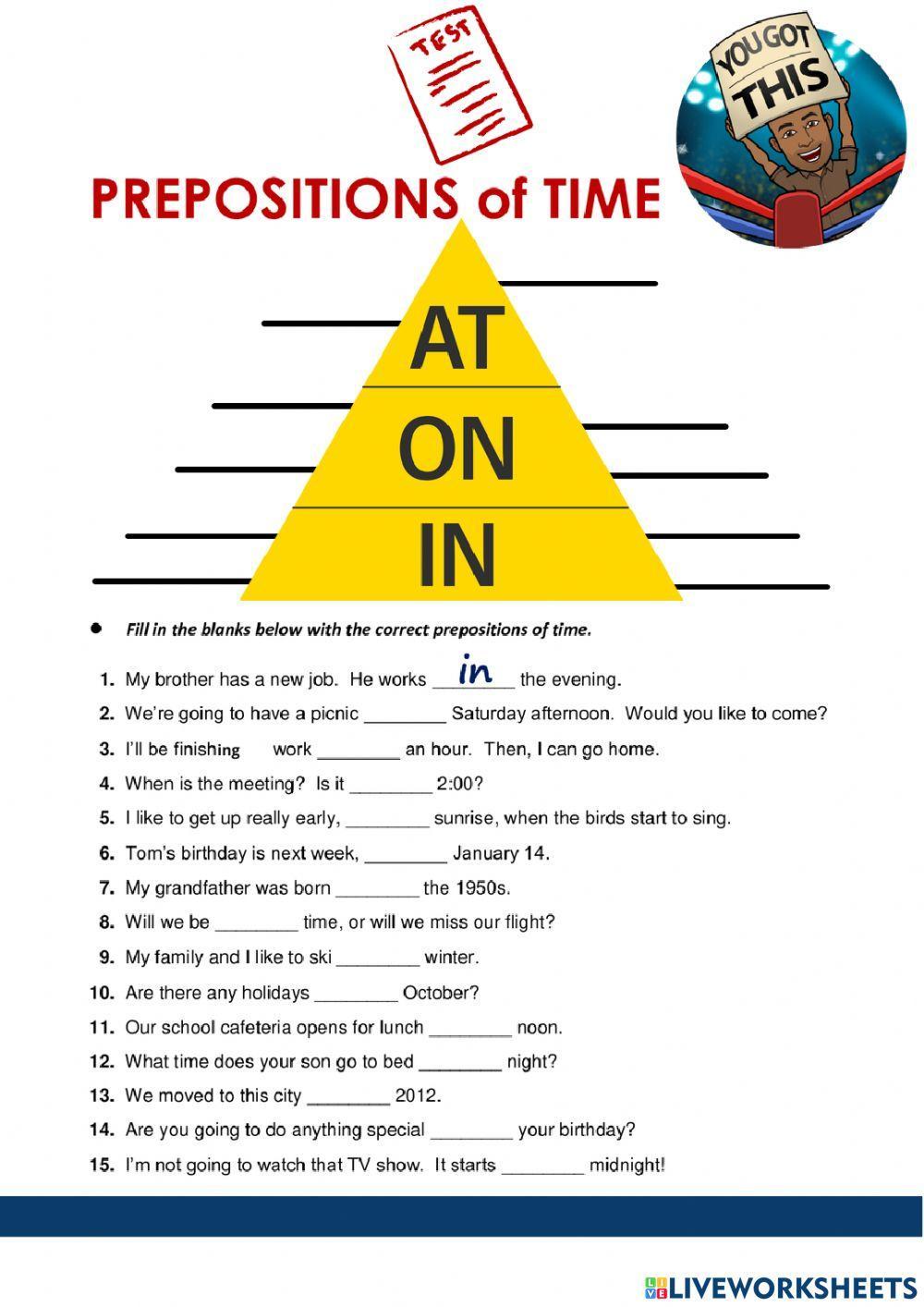 TEST PREPOSITIONS OF TIME at, on, in