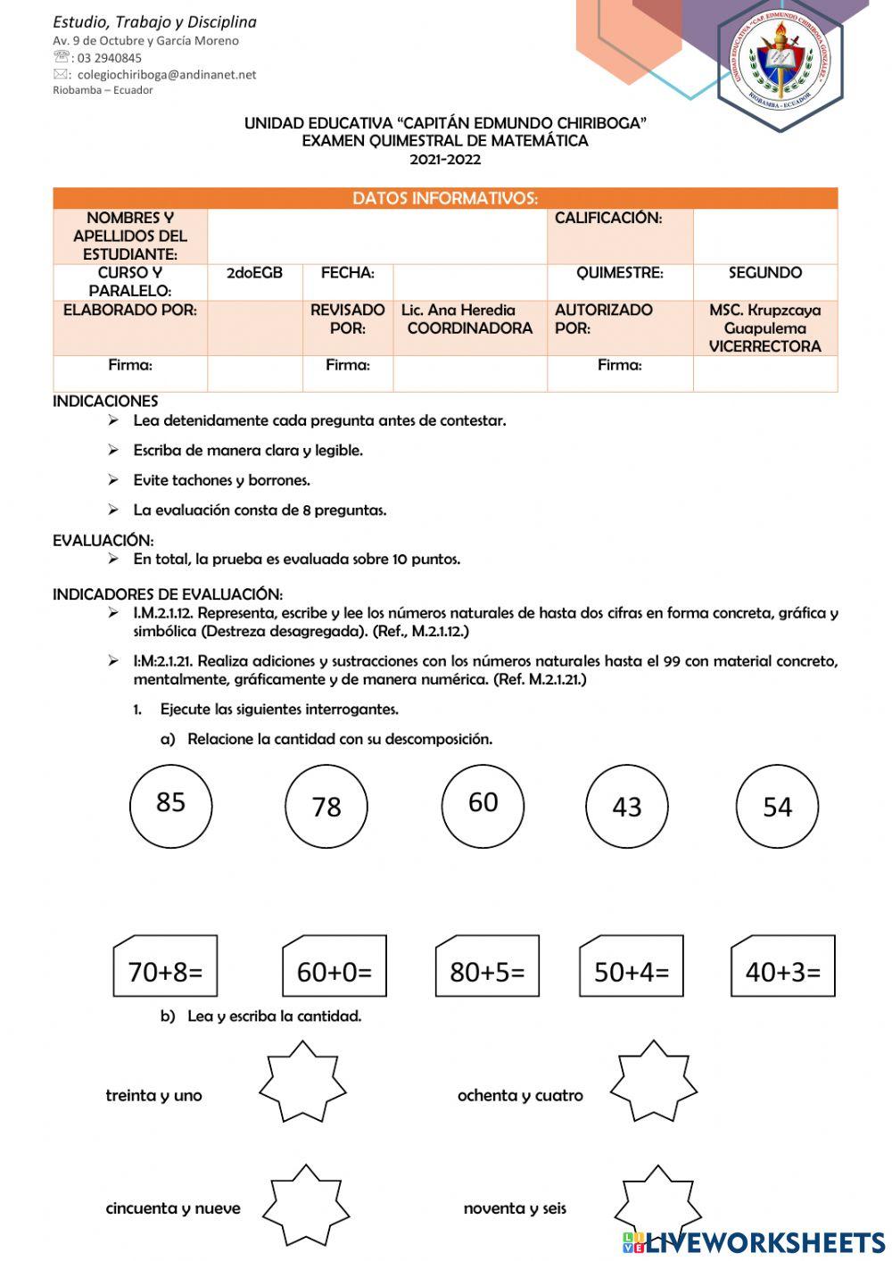 EVALUACIÓN QUIMESTRAL DE MATEMÁTICA