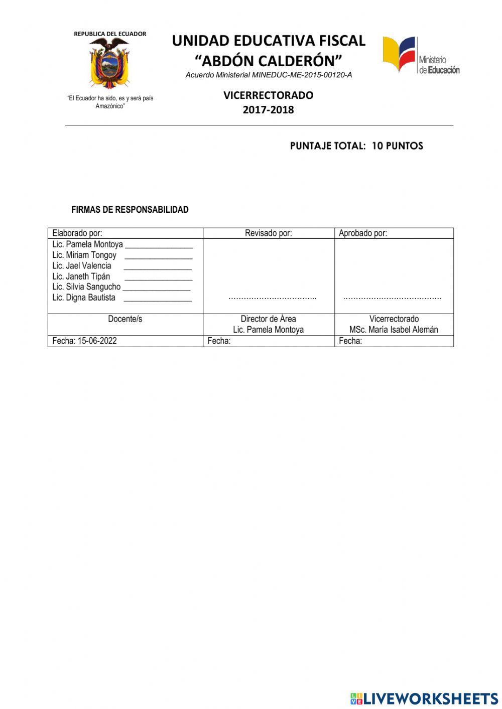 Prueba quimestral de matematicas