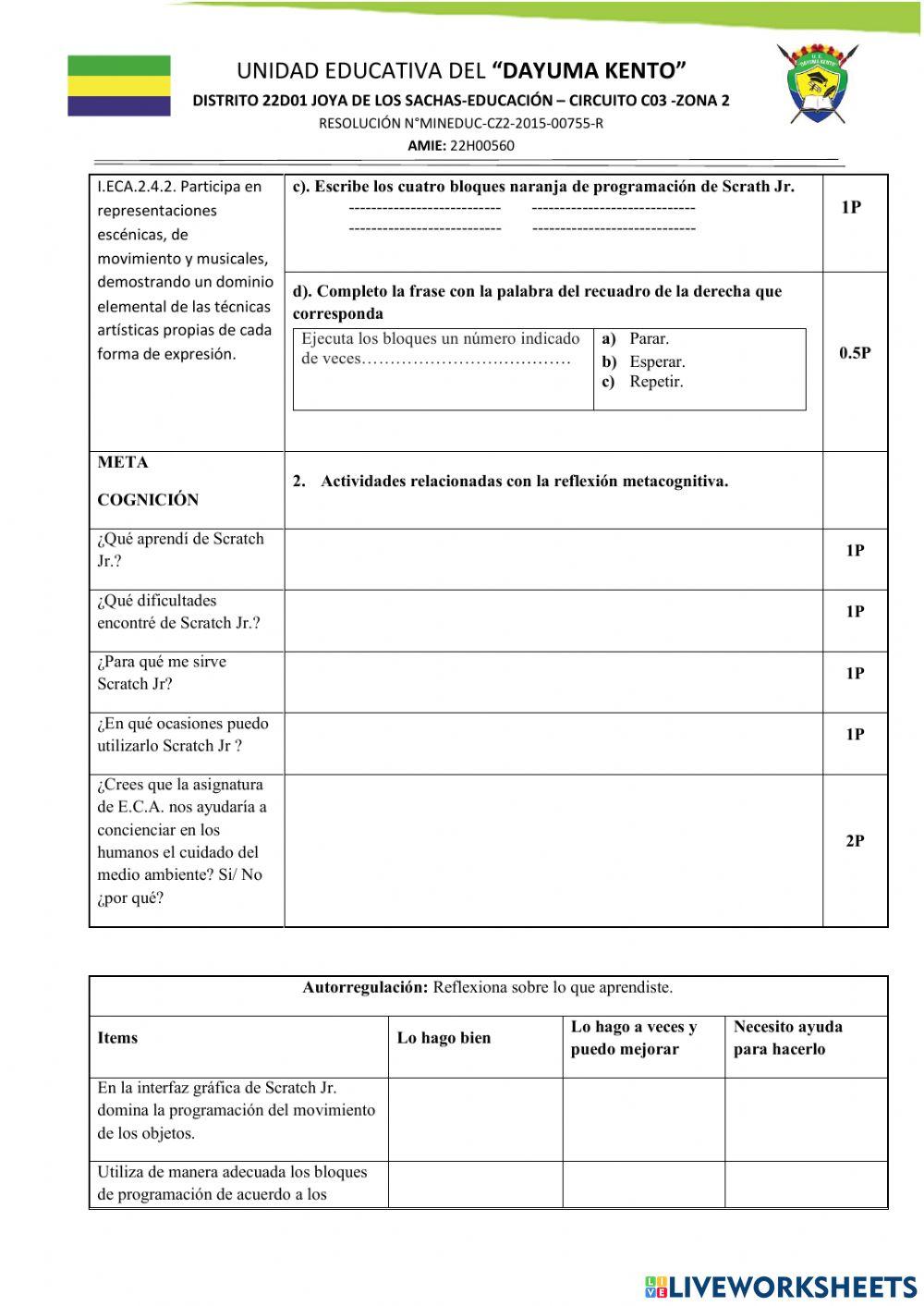 Evaluación quimestral con reflexión metacognitiva