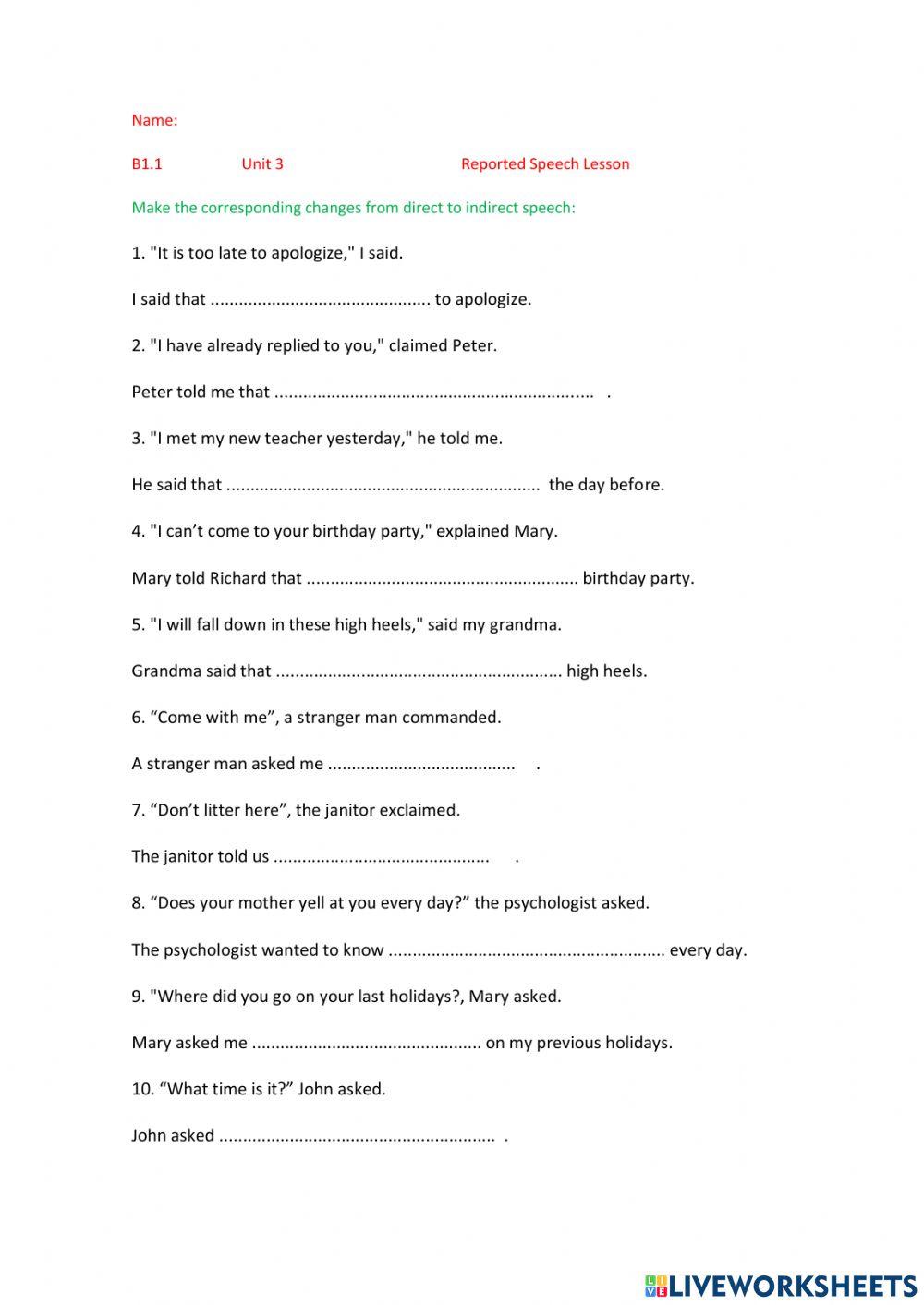 reported speech worksheets b1