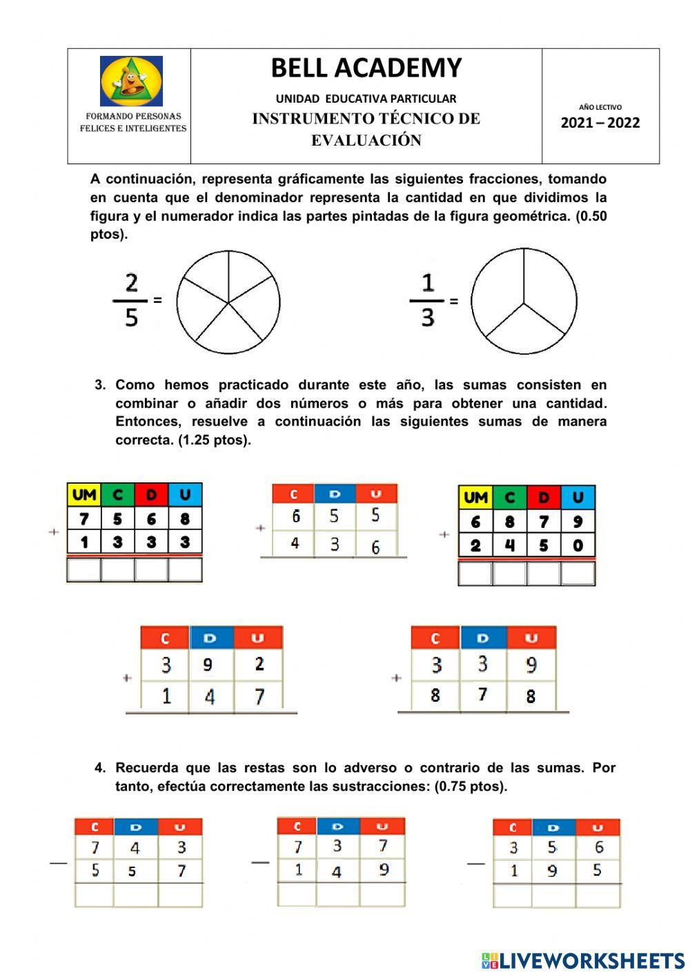 Evaluación quimestral Matemáticas