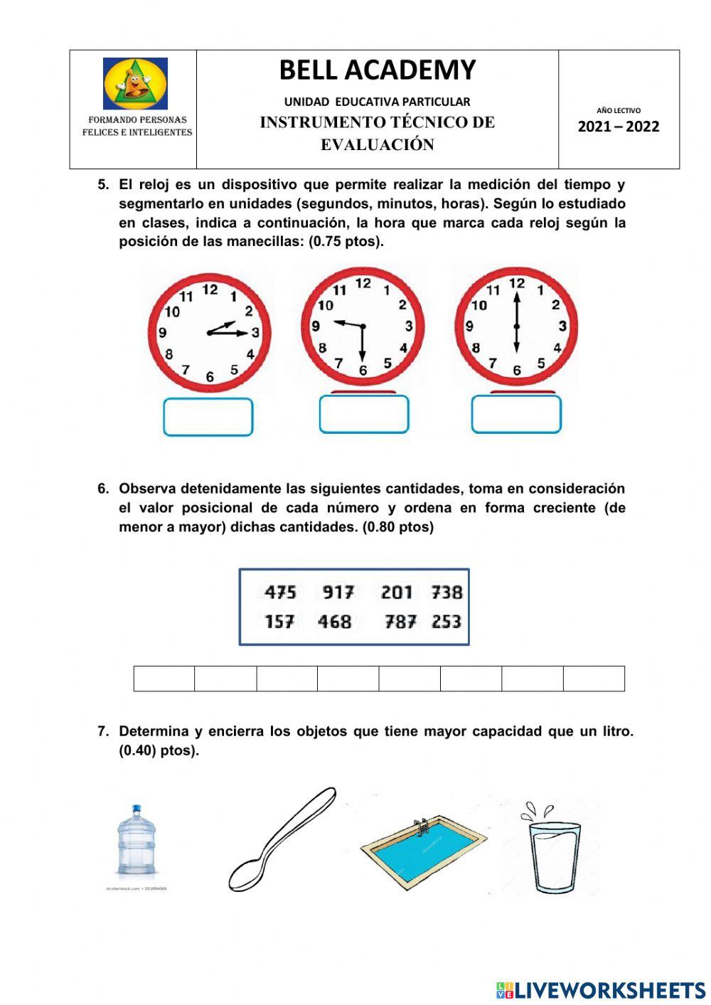 Evaluación quimestral Matemáticas