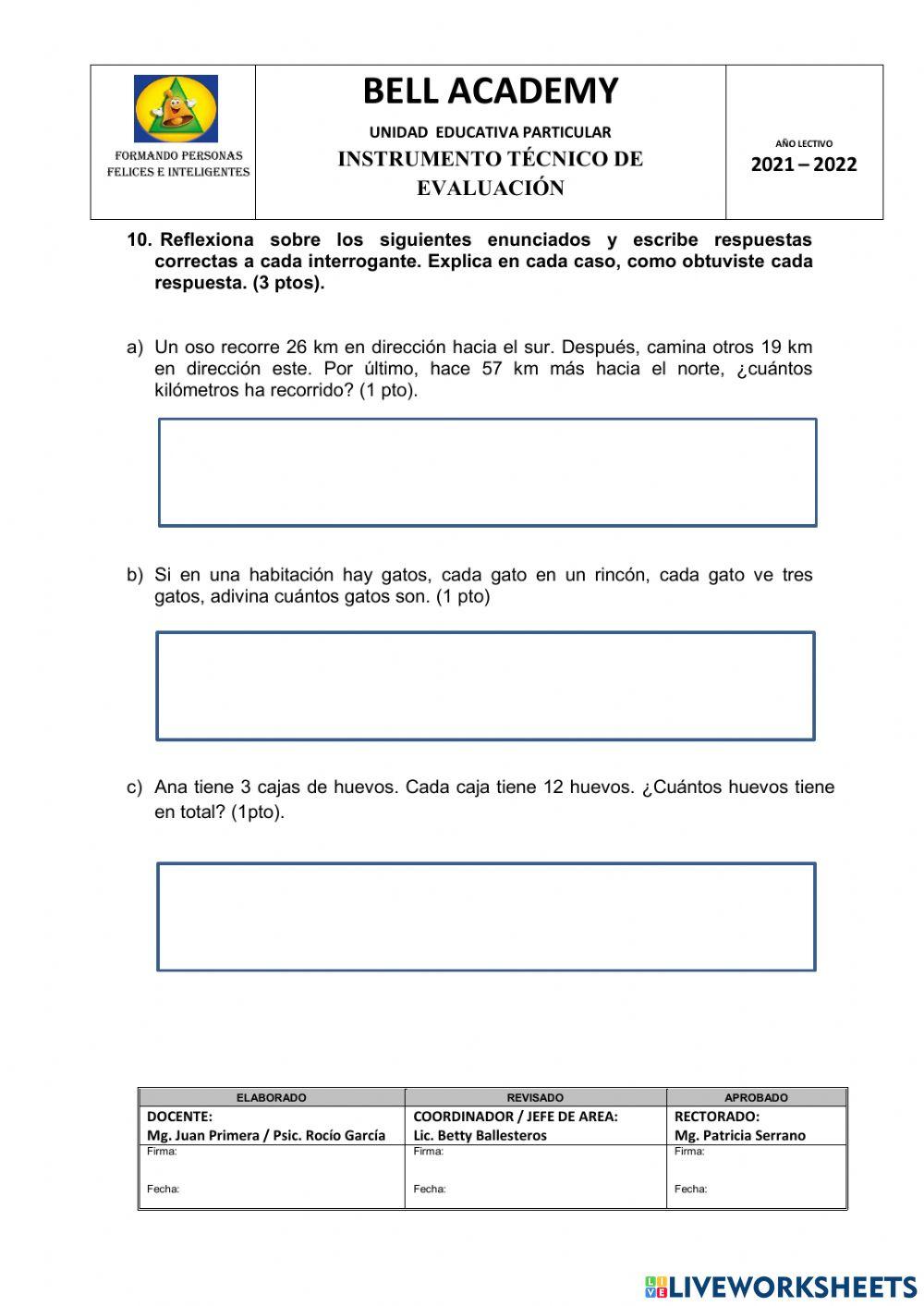Evaluación quimestral Matemáticas