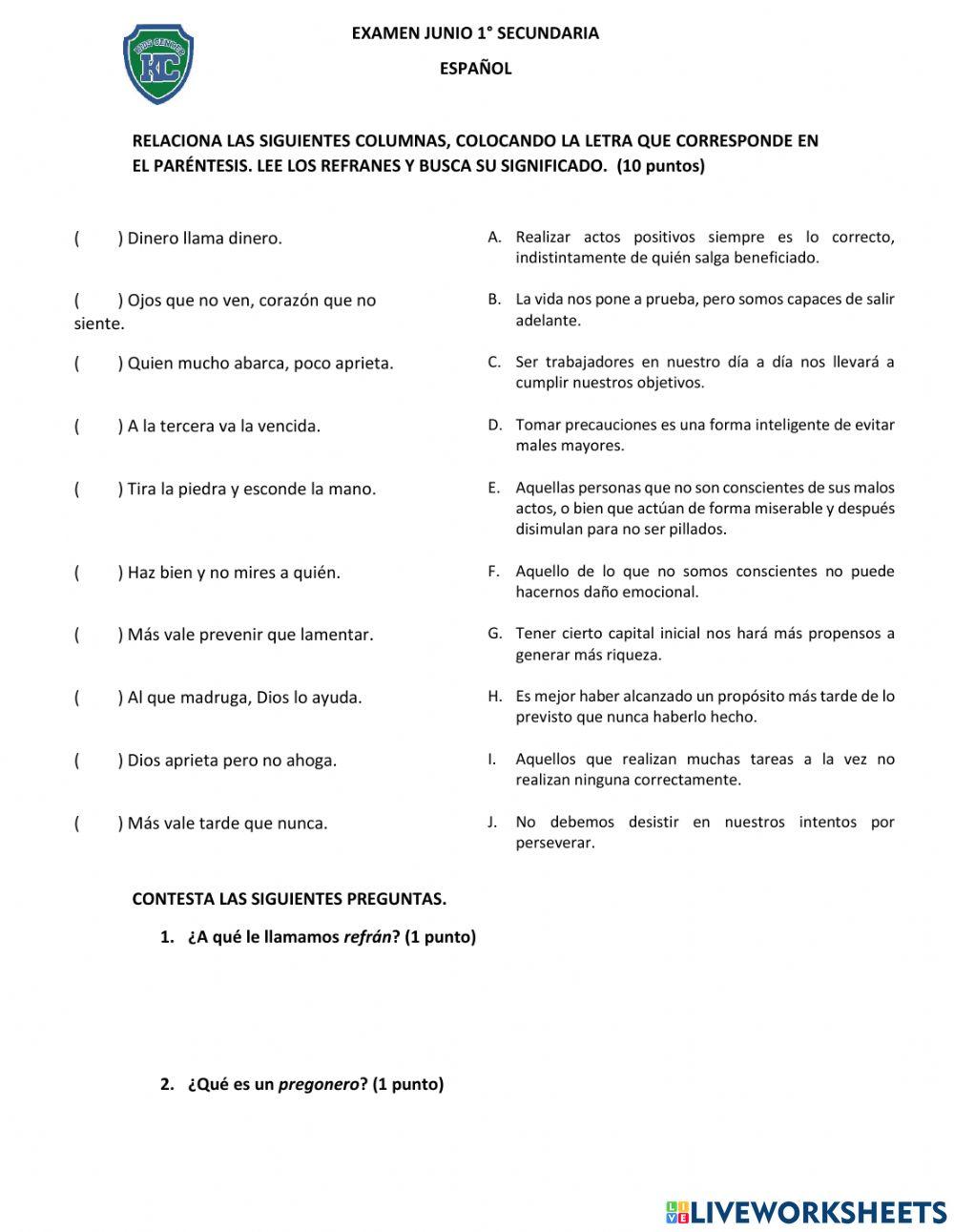 Examen Junio 1ro Español Secunaria