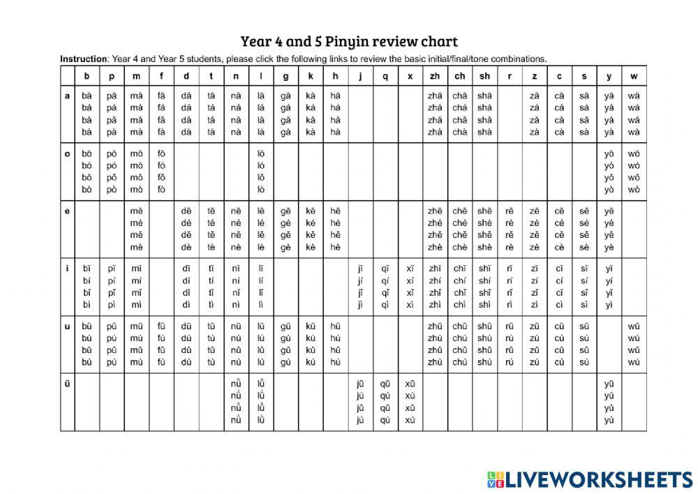Pinyin chart Year 4 and 5 review