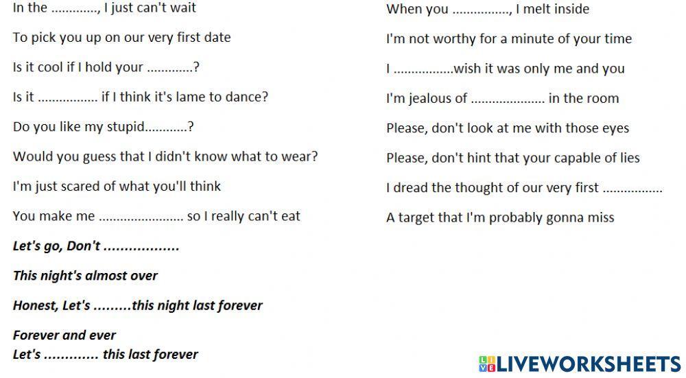 First date song worksheet live worksheets