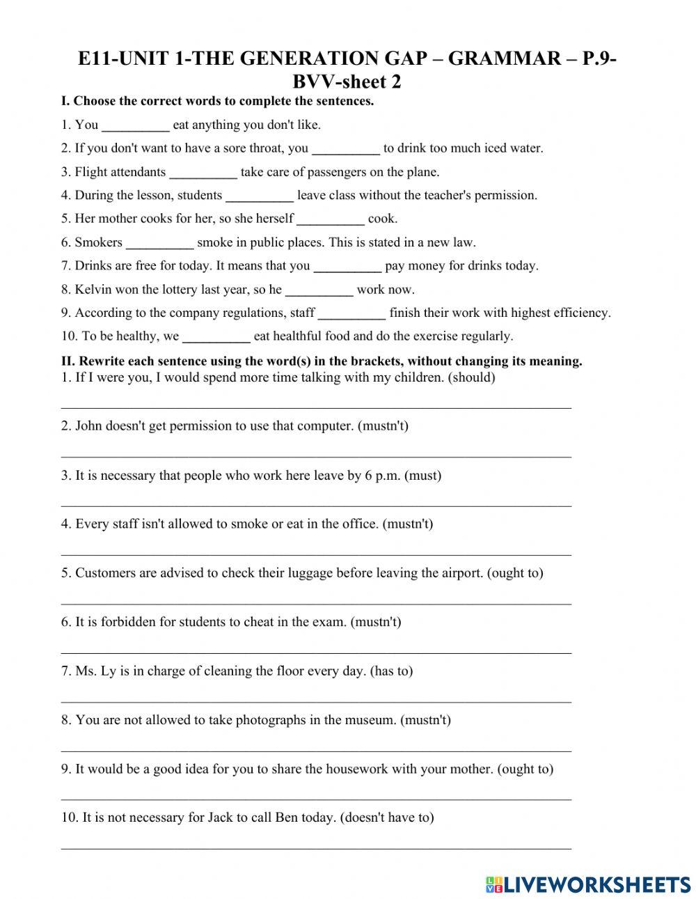 E11-unit 1-grammar-modal verb-sheet 2