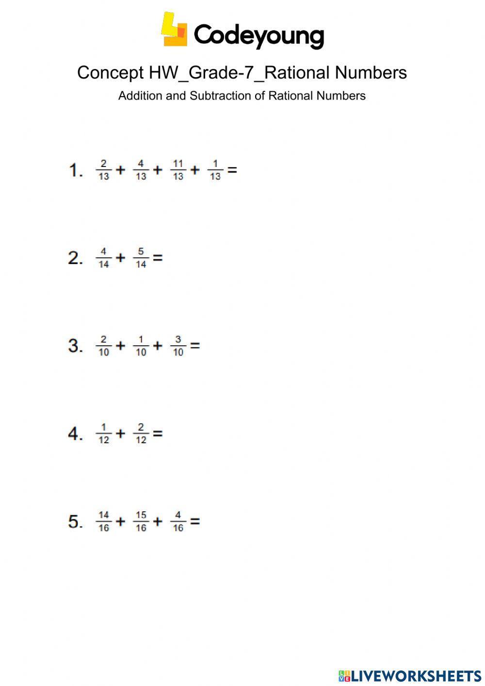 Addition and Subtraction of Rational Numbers Concept Hw