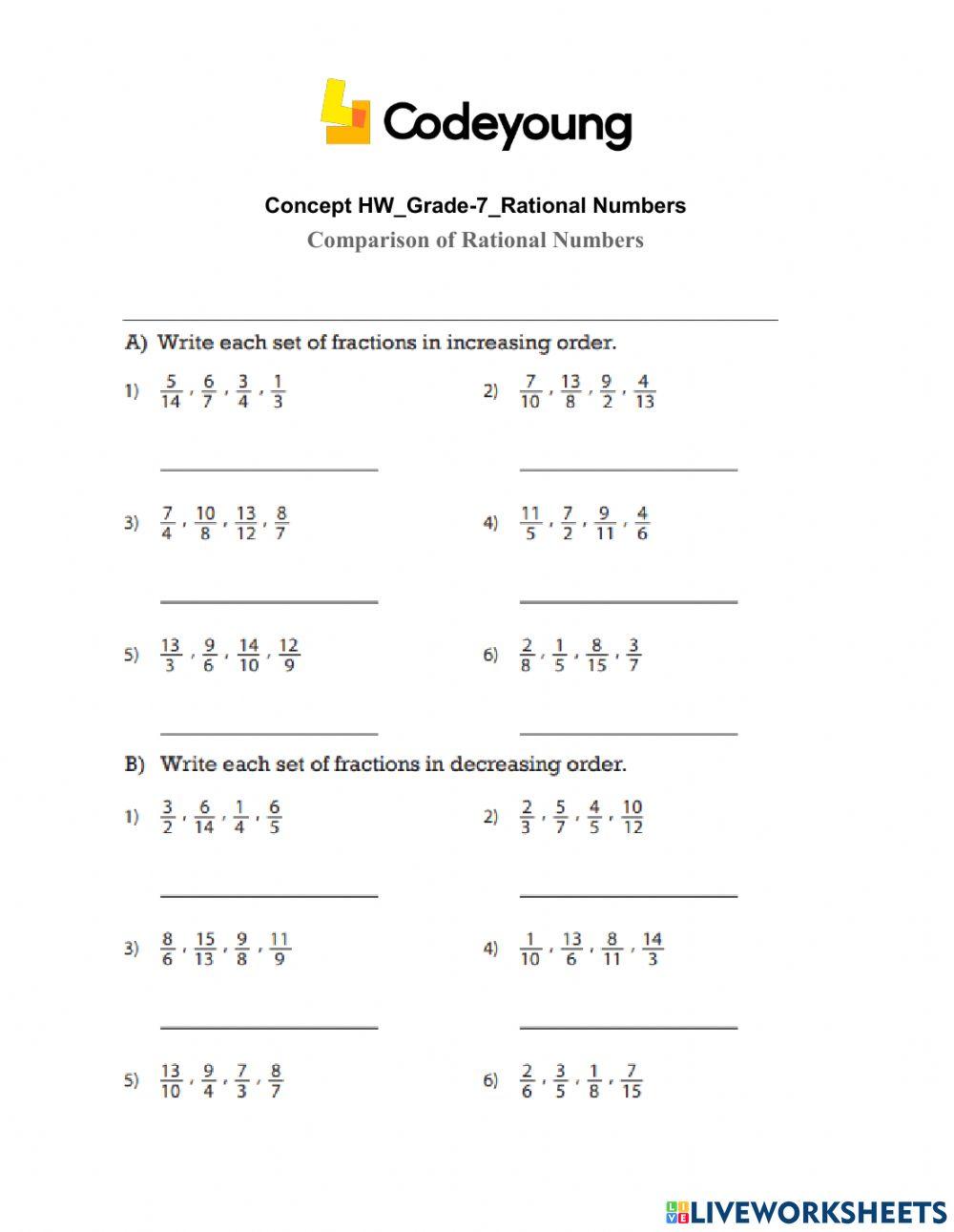 Comparison of Rational Numbers Concept HW worksheet Live Worksheets