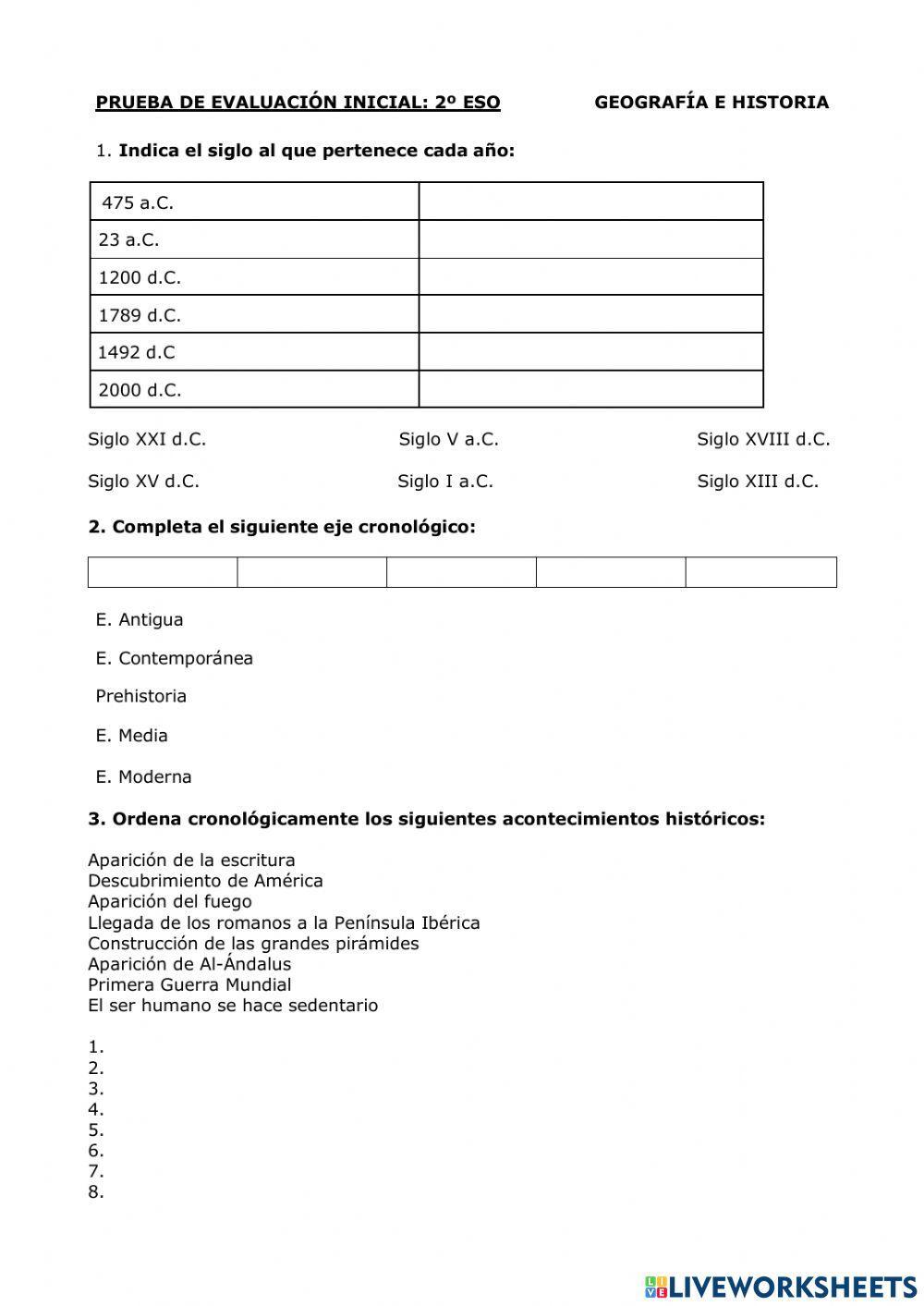 PRUEBA DE EVALUACIÓN INICIAL GEOGRAFIA E HISTORIA 2ESO