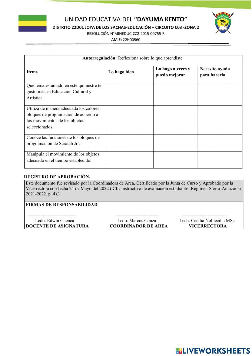 Evaluación quimestral con reflexión metacognitiva