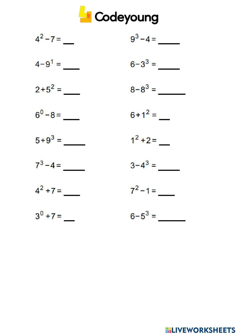 An Introduction to Exponents Advanced interactive worksheet | Live ...