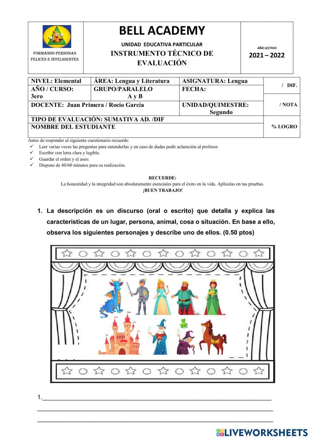 Evaluacion Quimestral lengua y literatura adaptación.