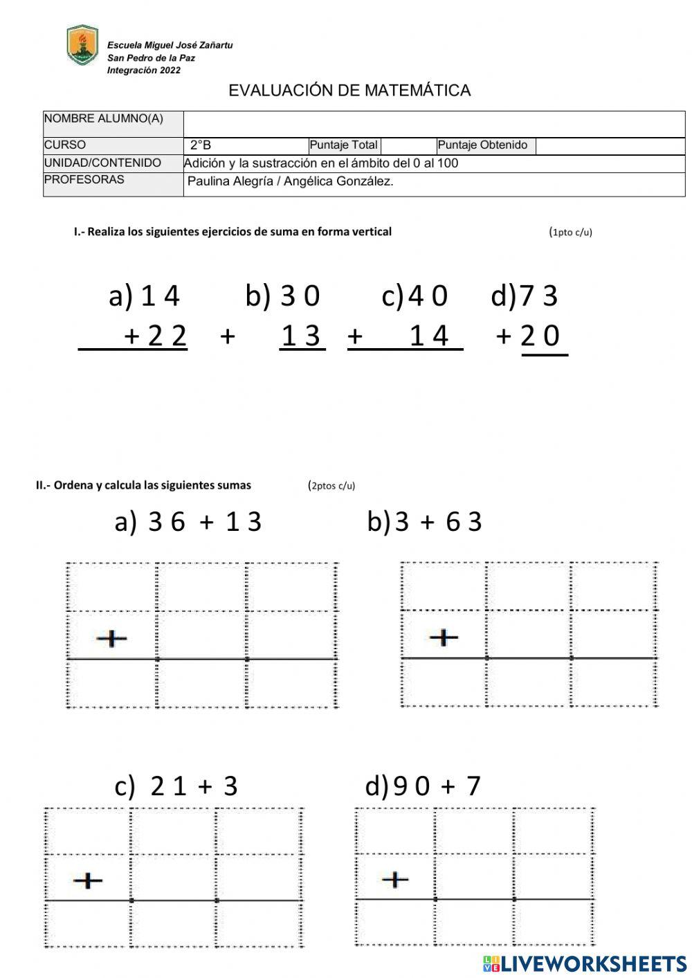 Evaluacion Sumas y Restas 2 Basico