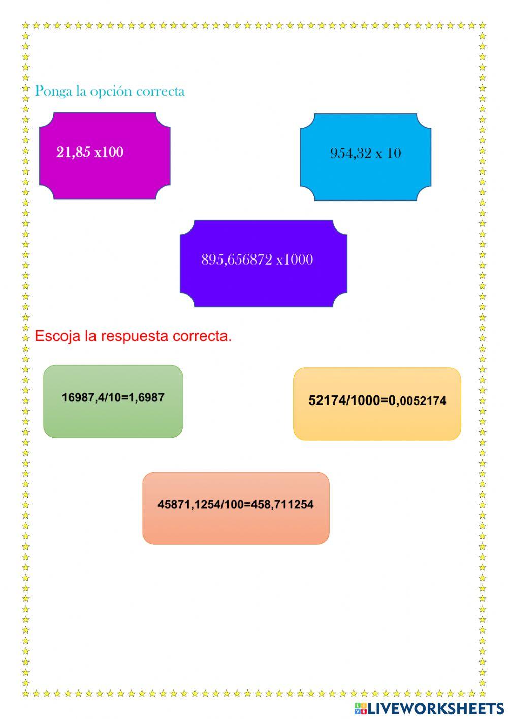 Multiplicación y división de decimales 10,100,1000
