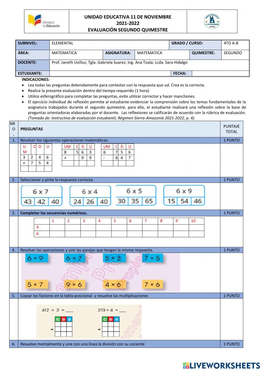 Evaluación 2q matematicas cuarto