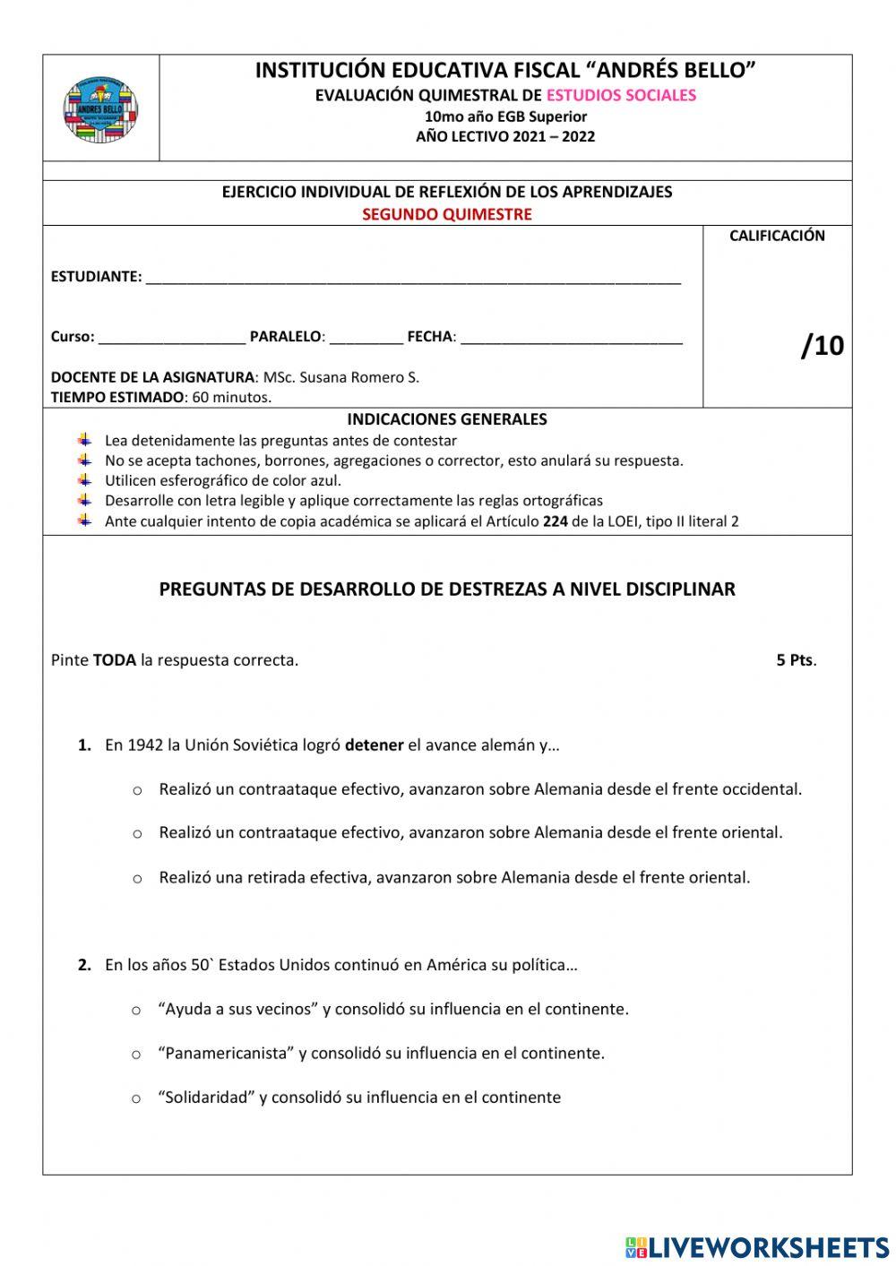 Evaluación EESS II Quimestre 10mo año EGB