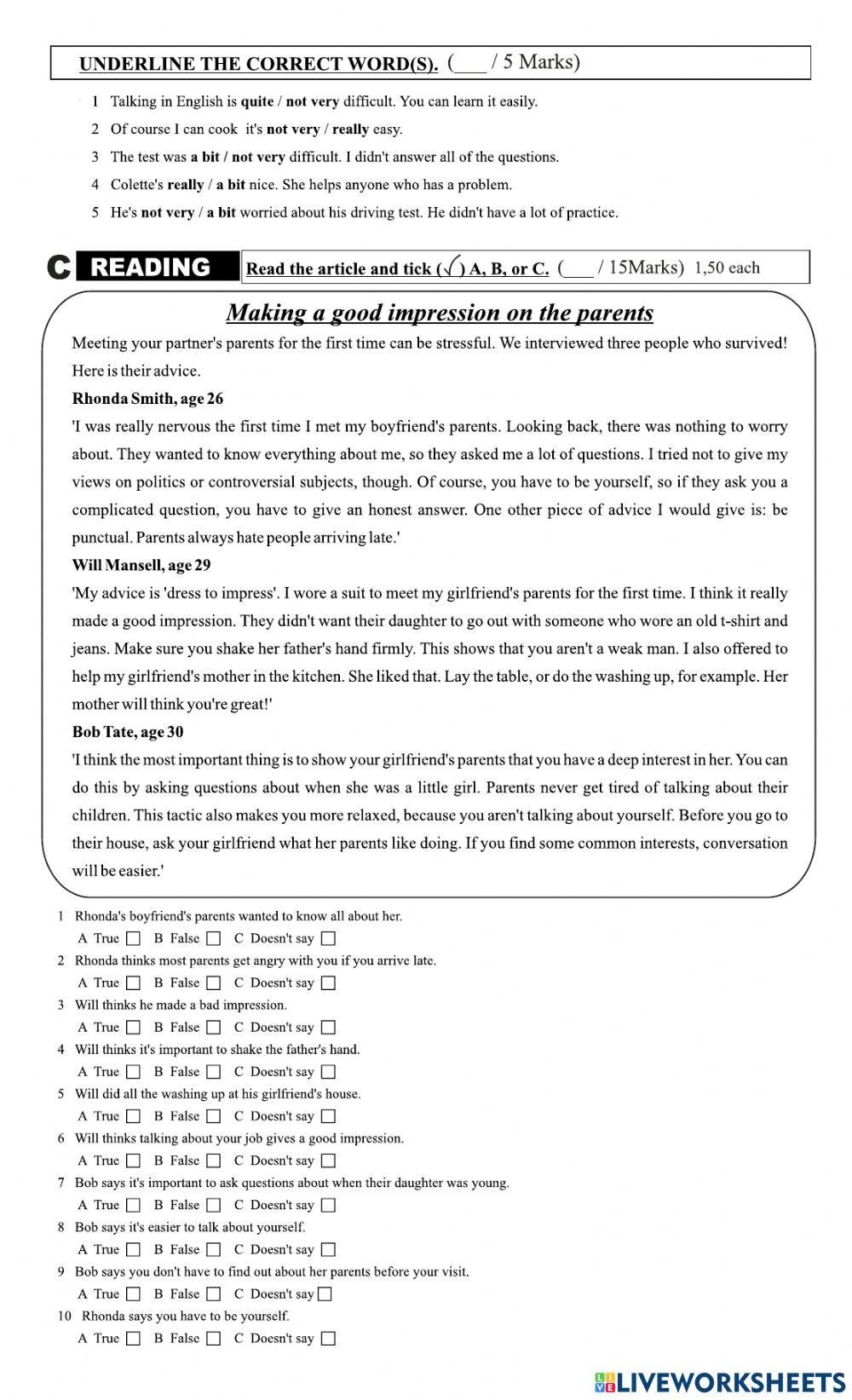 PRE INTERMEDIATE A - Test 1