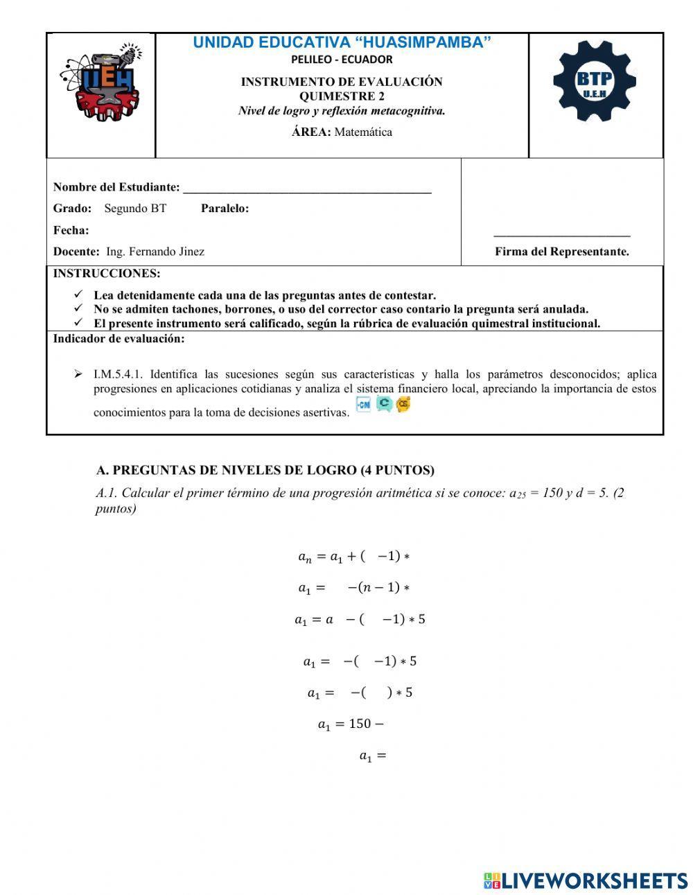 Examen de Matemáticas Segundo BGU
