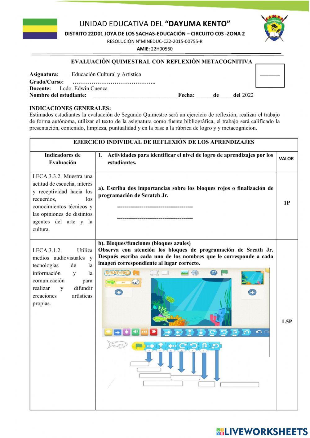 Evaluación quimestral con reflexión metacognitiva