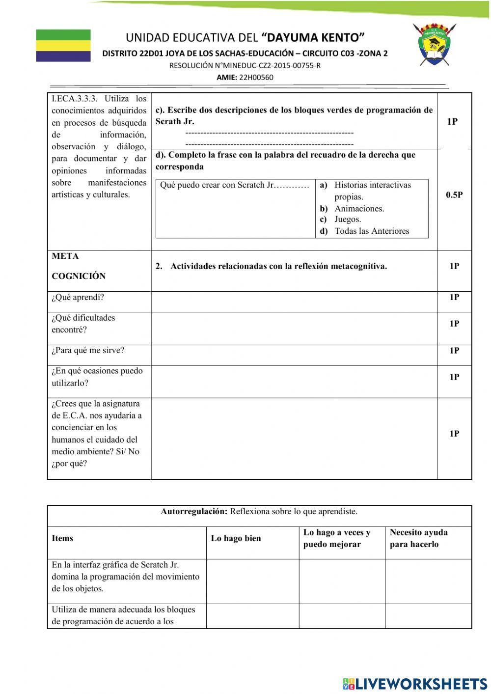 Evaluación quimestral con reflexión metacognitiva
