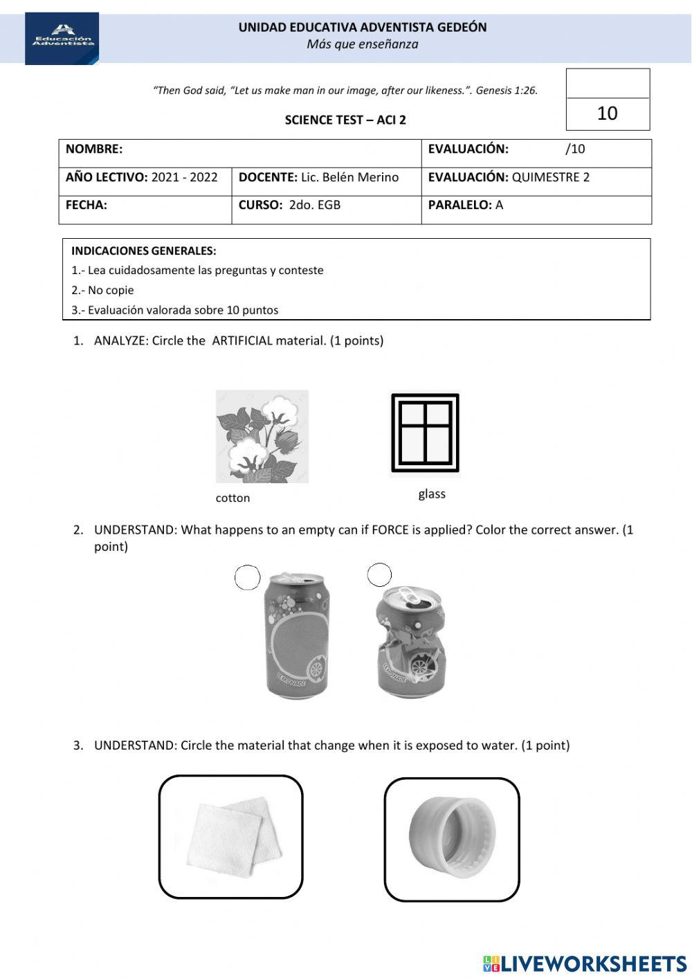 Examen quimestral 2DO SCIENCE aci 2