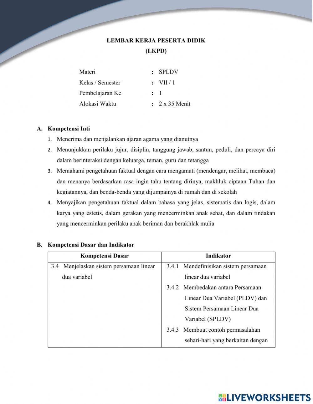 LKPD Sistem Persamaan Linear Dua Variabel