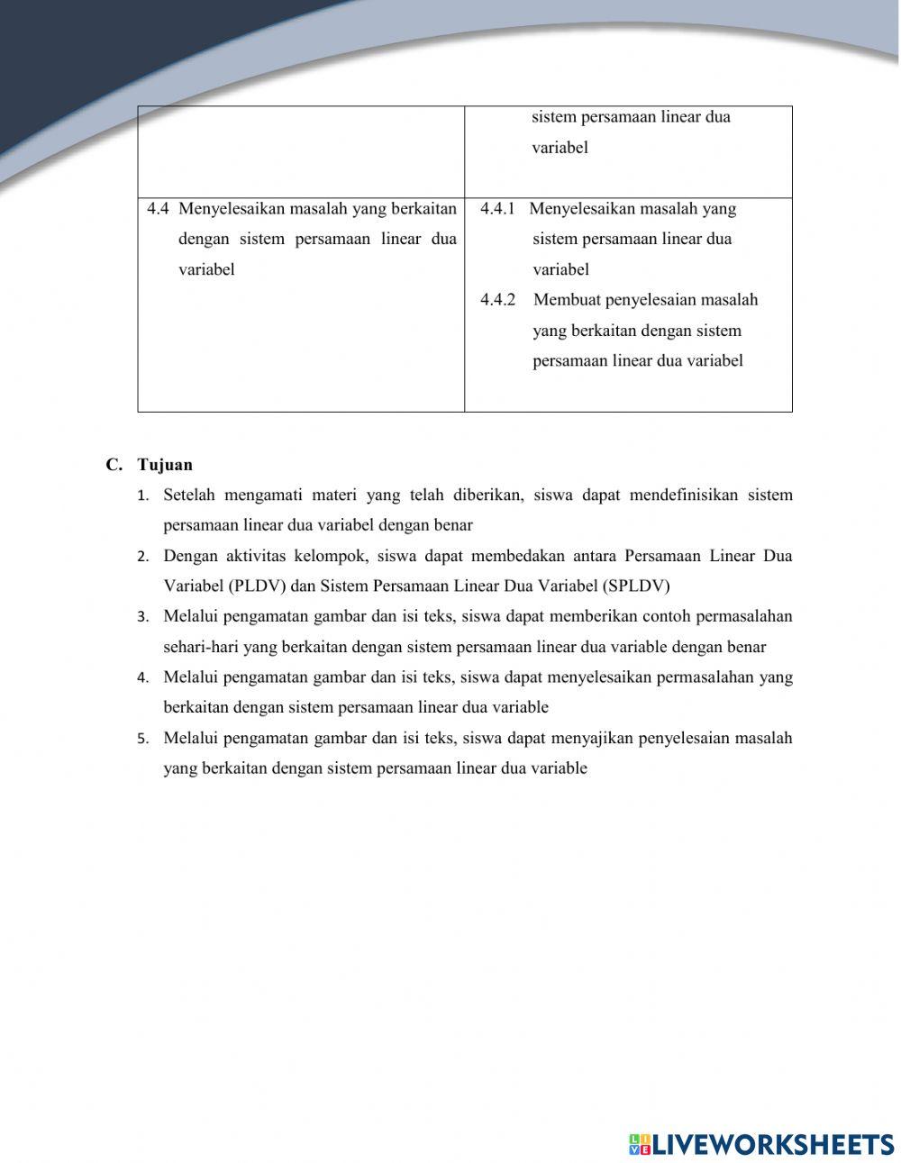 LKPD Sistem Persamaan Linear Dua Variabel
