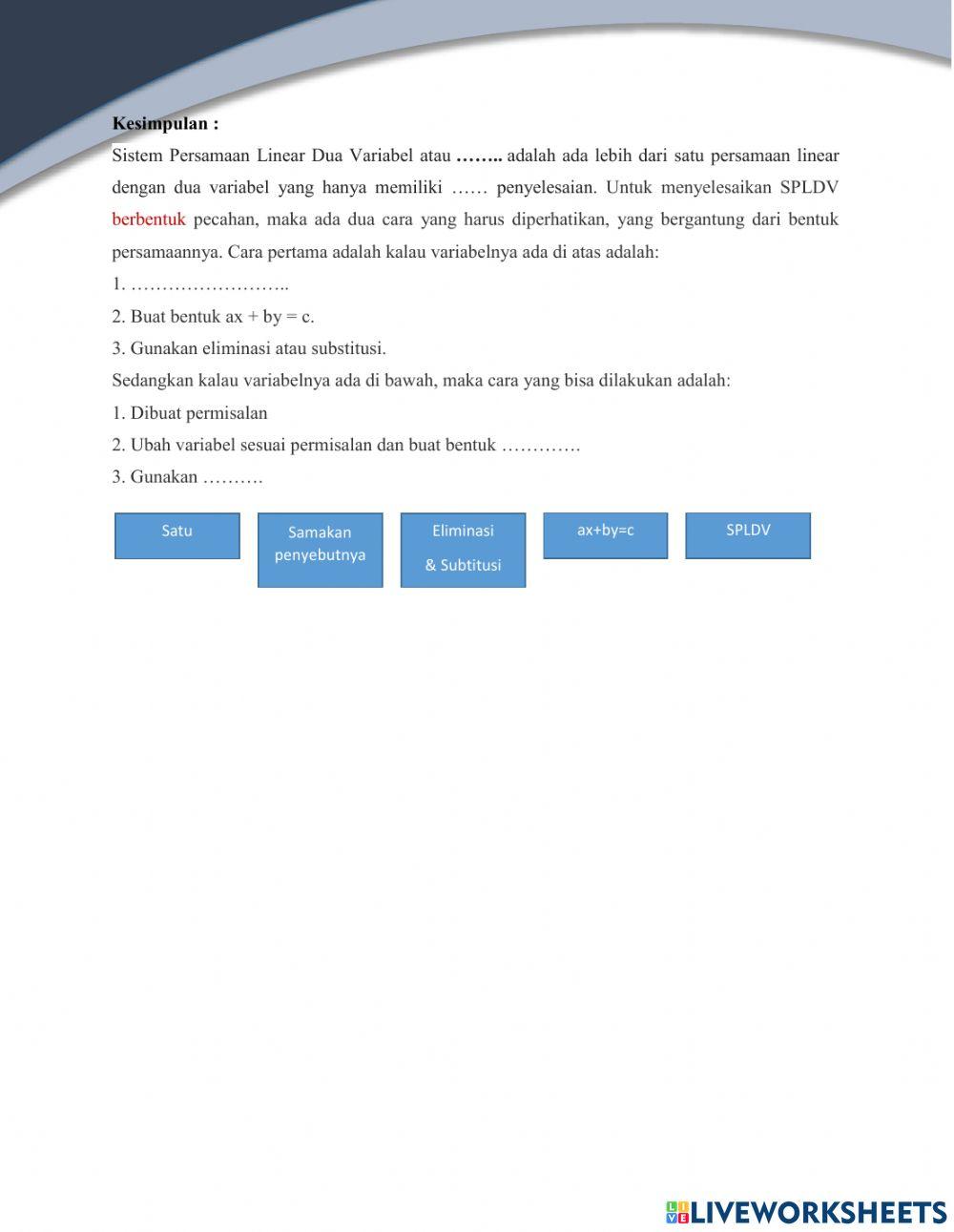 LKPD Sistem Persamaan Linear Dua Variabel