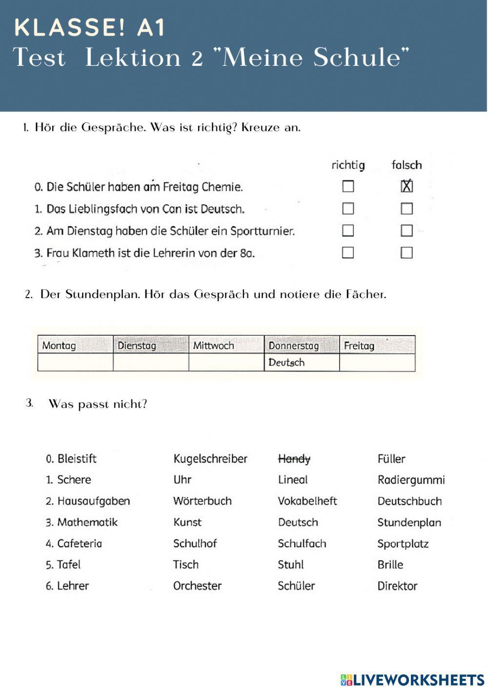 Klasse! A1 Test Lektion 3