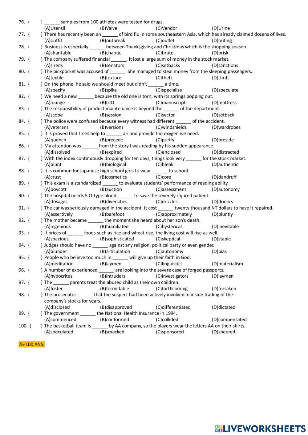 新Vocabulary 題庫-學生卷-2: 1-100