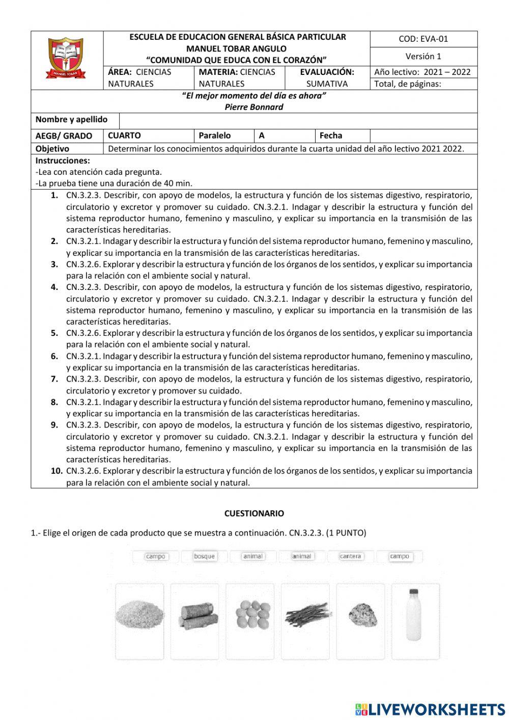 EVALUACIÓN CCNN 4TO 
