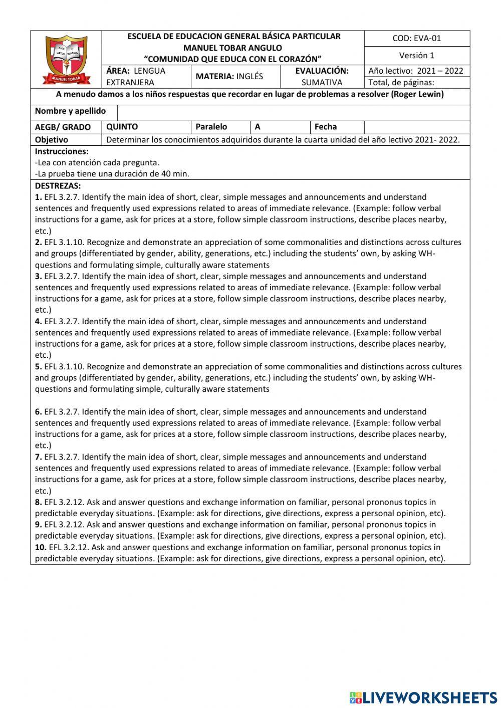 Evaluación 5to Inglés