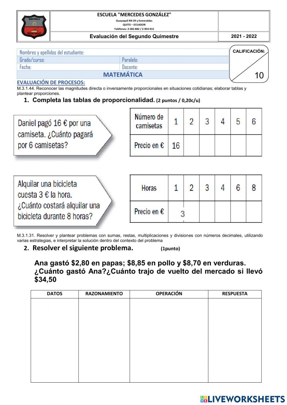 Evaluación Matemática II Quimestre
