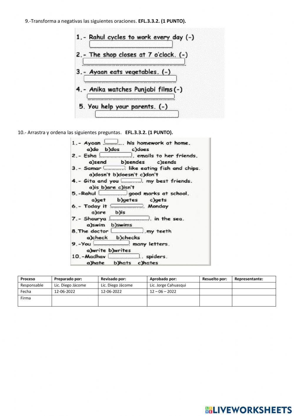 Evaluación Sexto Inglés