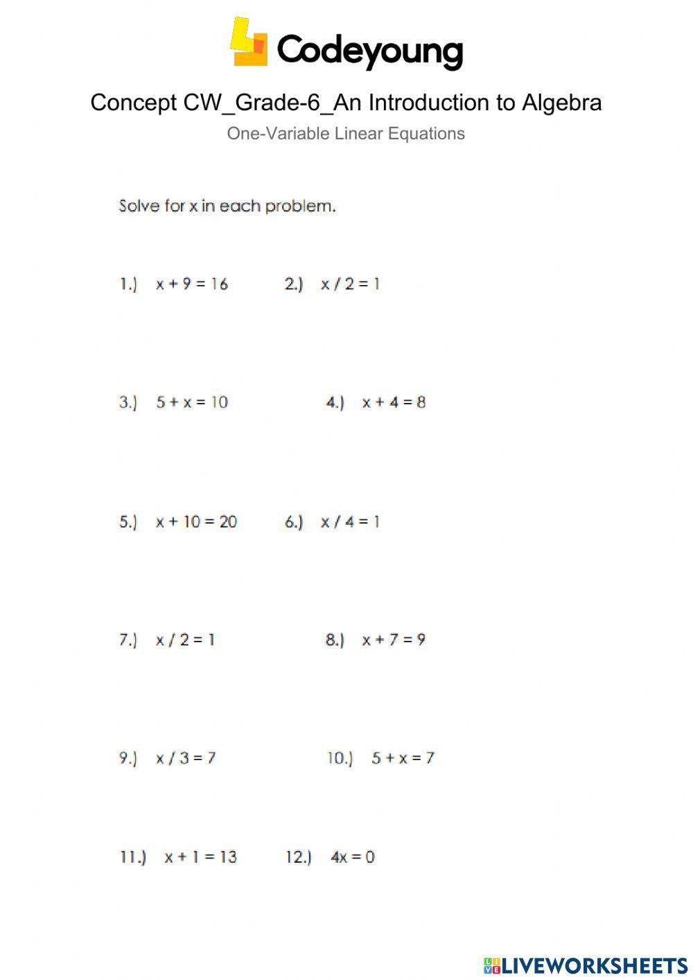 One-Variable Linear Equations Concept CW