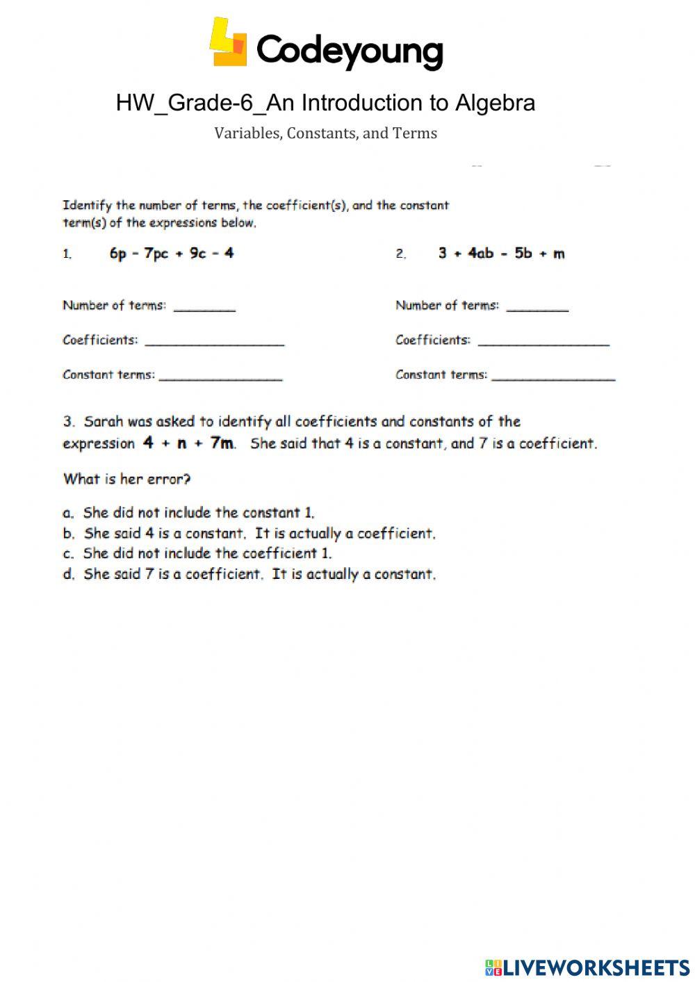 Variables, Constants, and Terms Concept HW