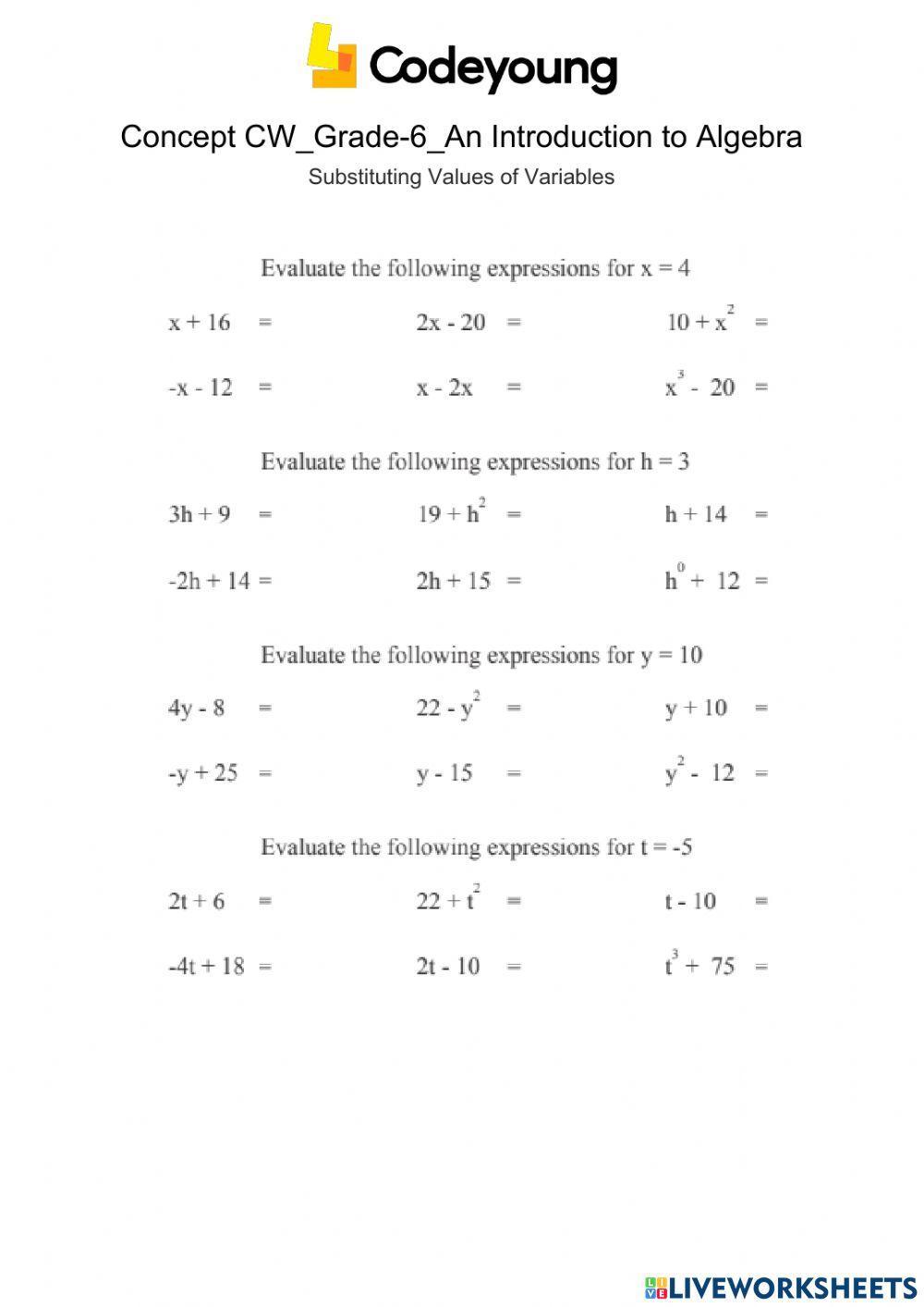 Substituting Values of Variables Concept CW