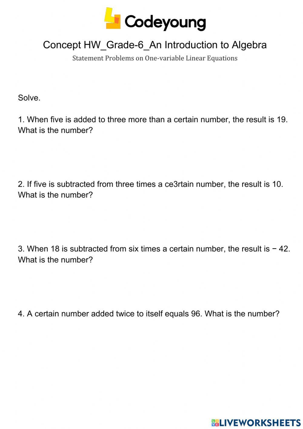 Statement Problems on One-variable Linear Equations Concept Hw