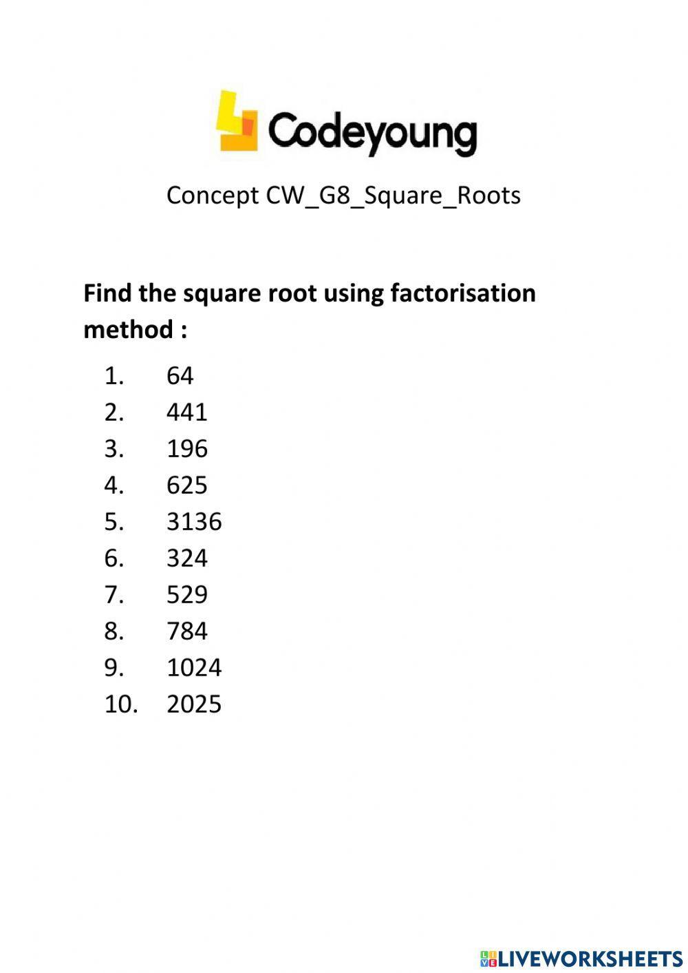 Sqaure root worksheet | Live Worksheets