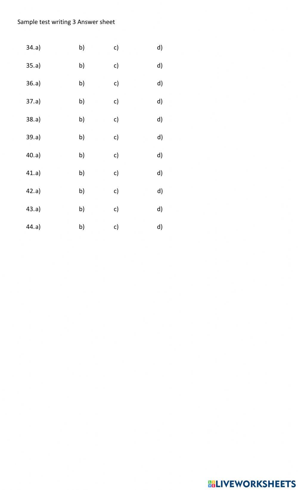 Answer sheet writing test interactive worksheet | Live Worksheets
