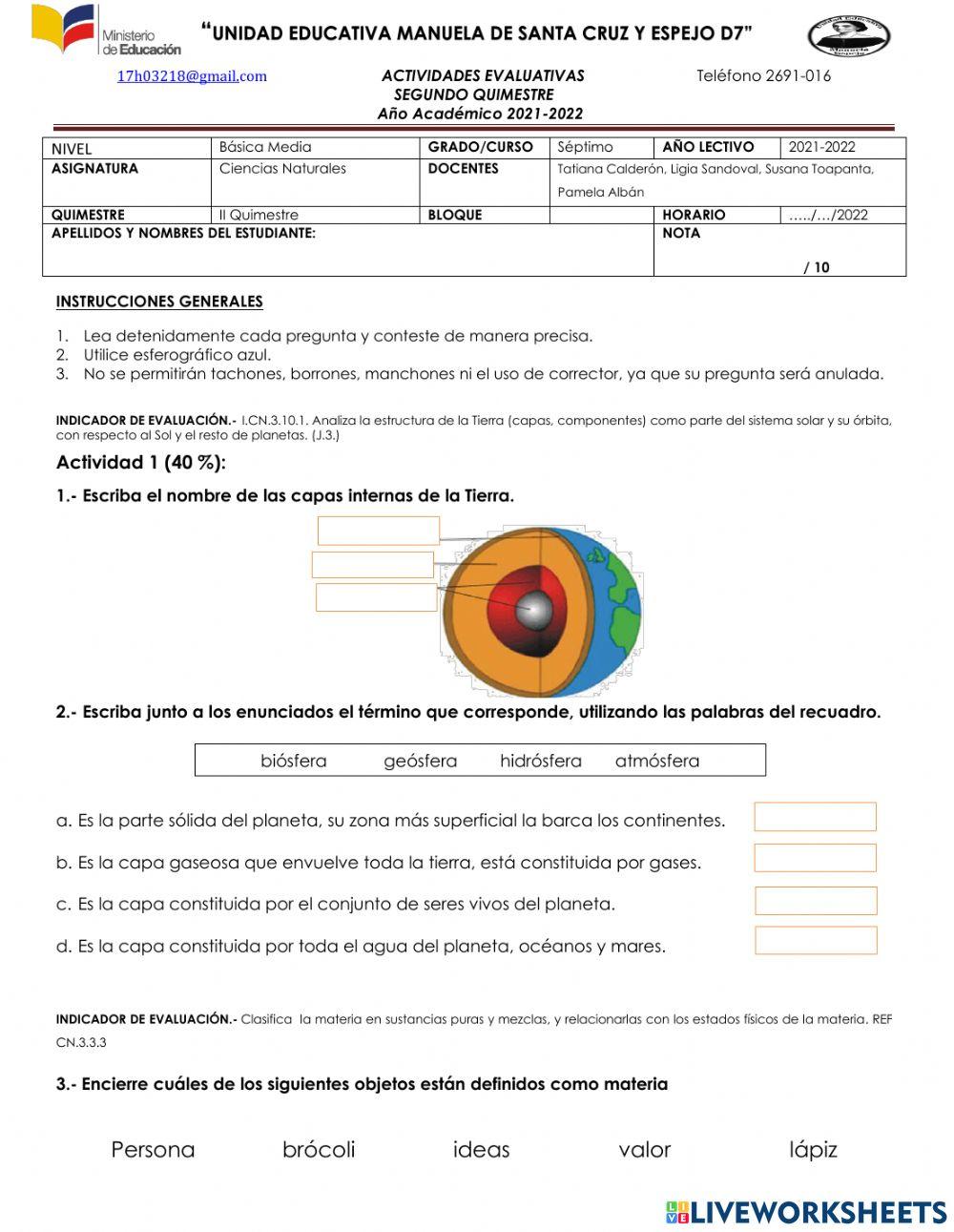 Evaluación CIENCIAS NATURALES