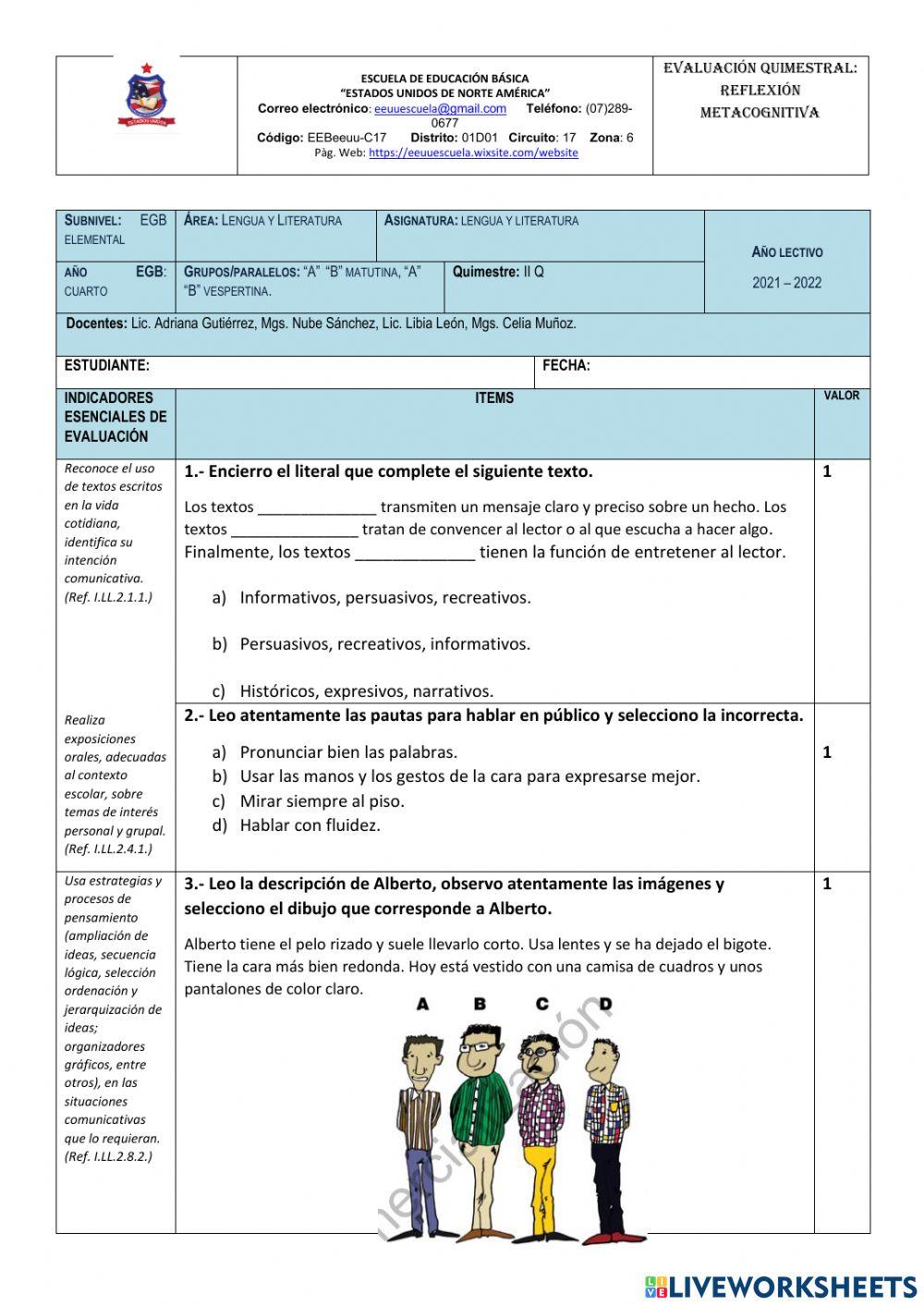 Evaluación  Quimestral de lengua  y Literatura
