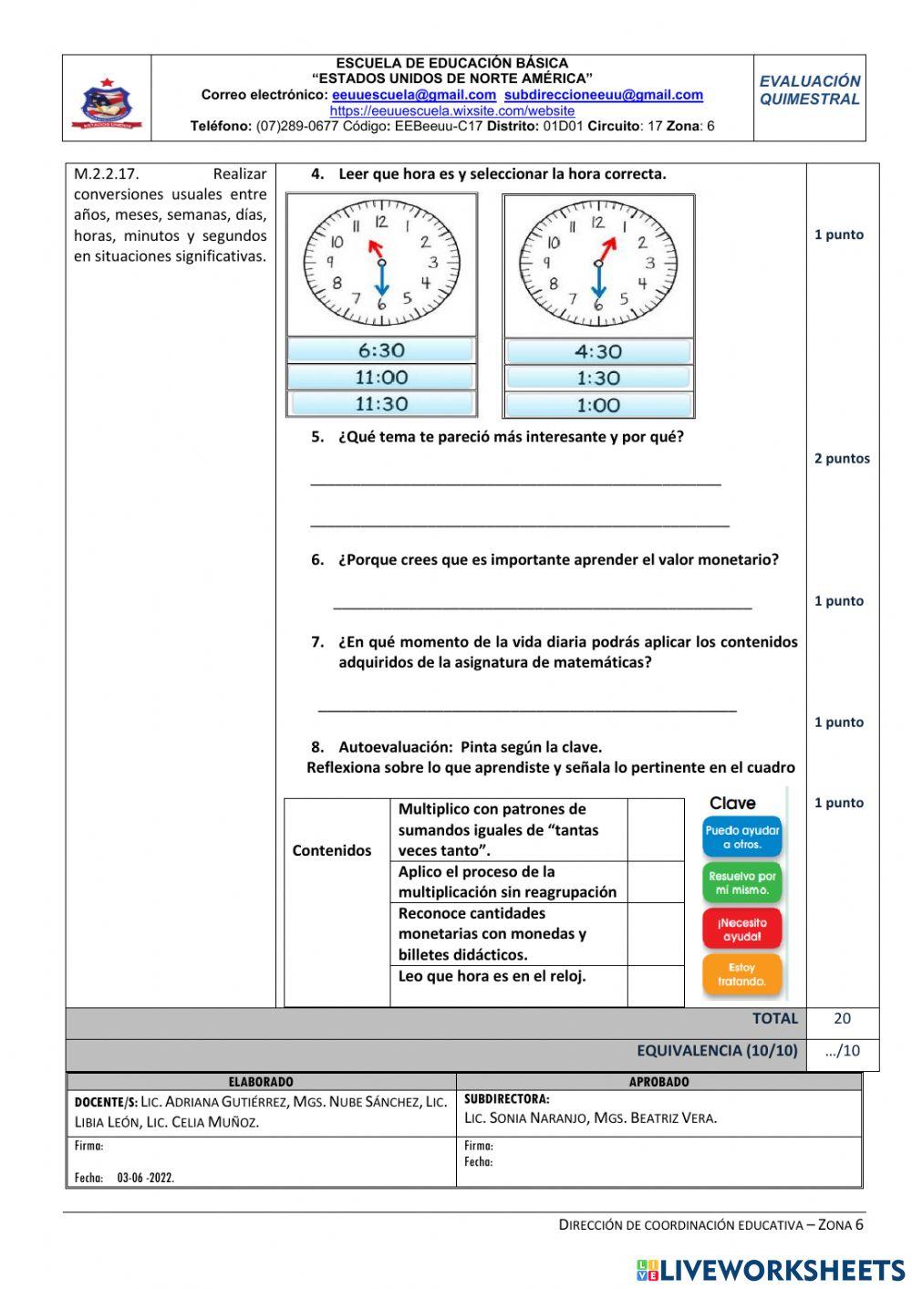 Evaluación Quimestral de Matemáticas