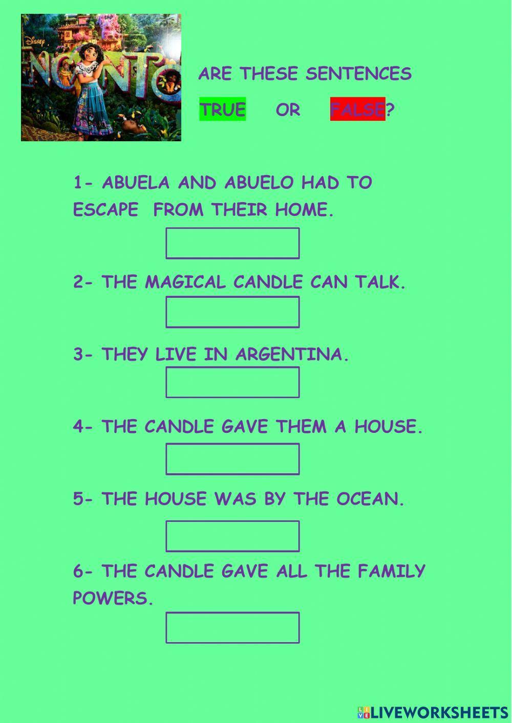 Encanto true or false worksheet Live Worksheets
