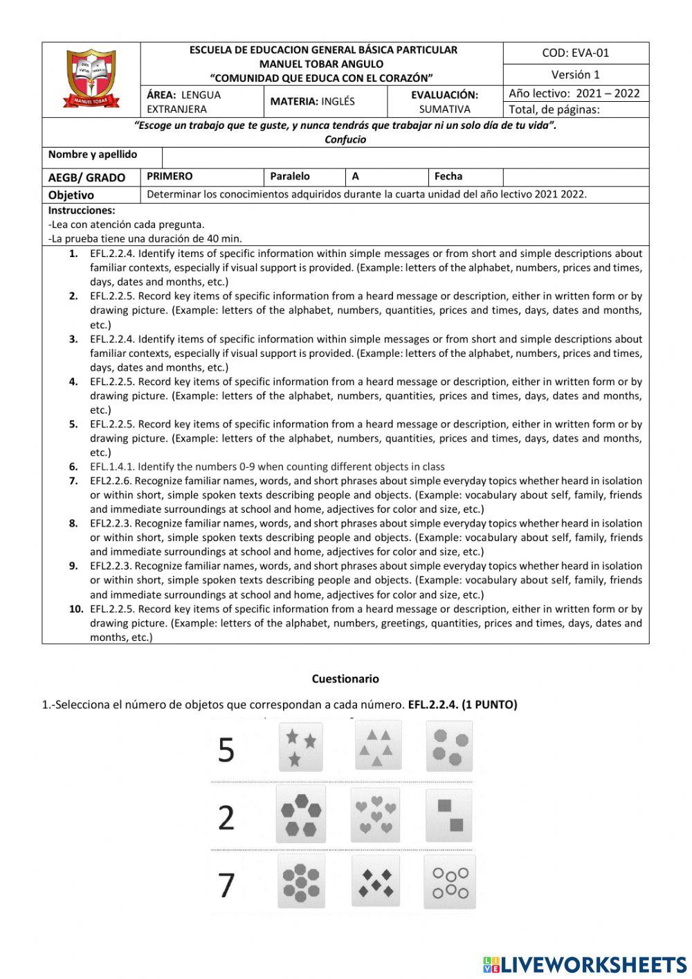 Evaluación Primero Inglés