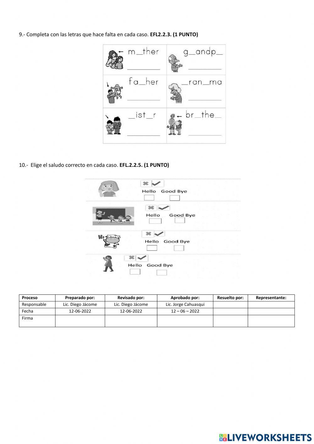 Evaluación Primero Inglés